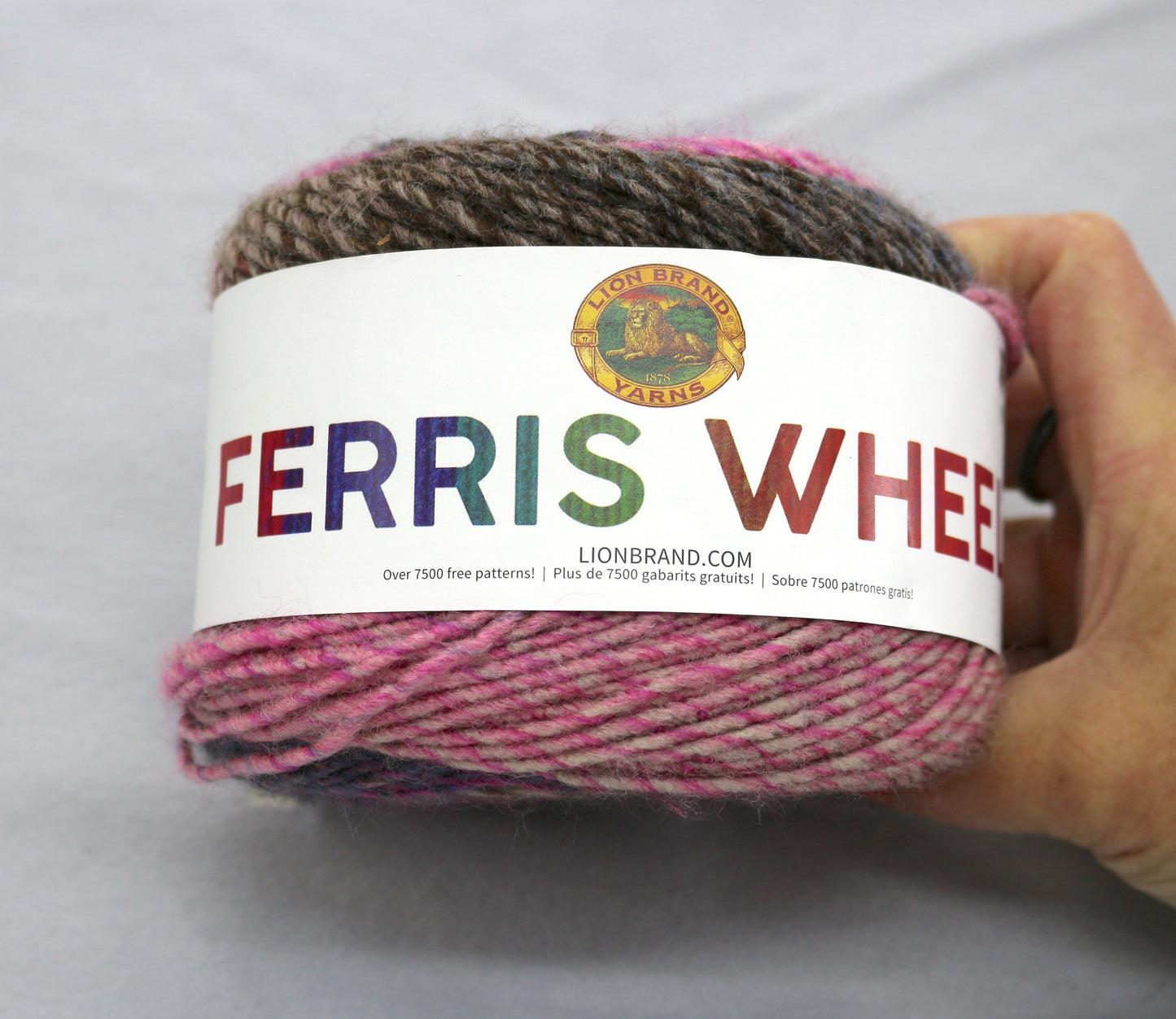Lion Brand Ferris Wheel Yarn Cake – Pink, Brown & Blue Self Striping Yarn – Soft Acrylic Worsted Weight