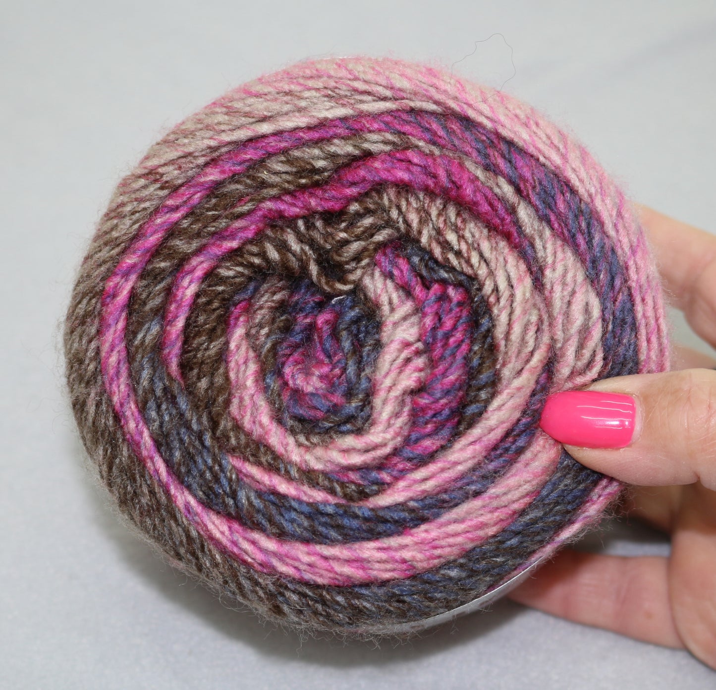 Lion Brand Ferris Wheel Yarn Cake – Pink, Brown & Blue Self Striping Yarn – Soft Acrylic Worsted Weight