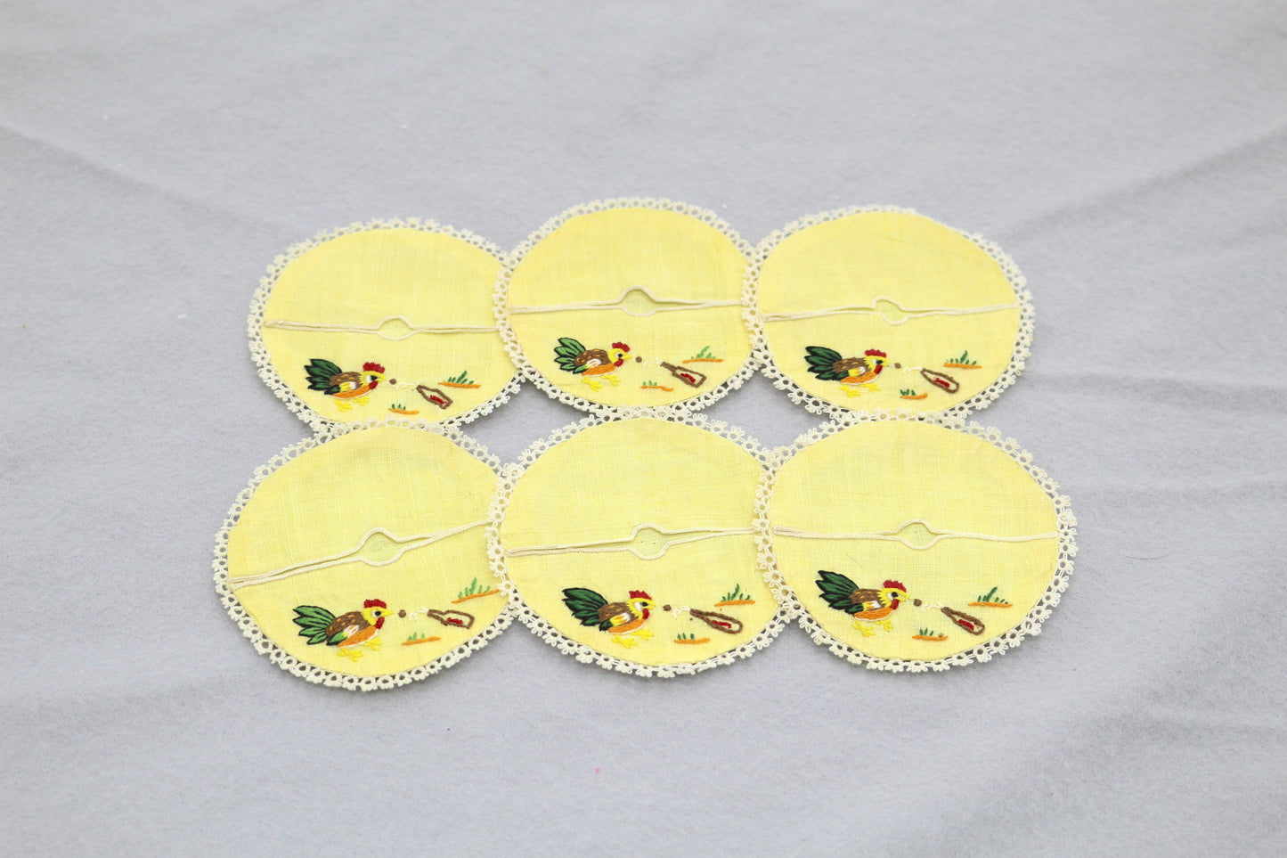 Set of 6 Handmade Wine Glass Coasters – Embroidered Rooster – Yellow Linen with Lace Trim
