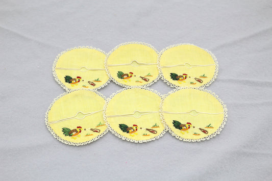 Set of 6 Handmade Wine Glass Coasters – Embroidered Rooster – Yellow Linen with Lace Trim