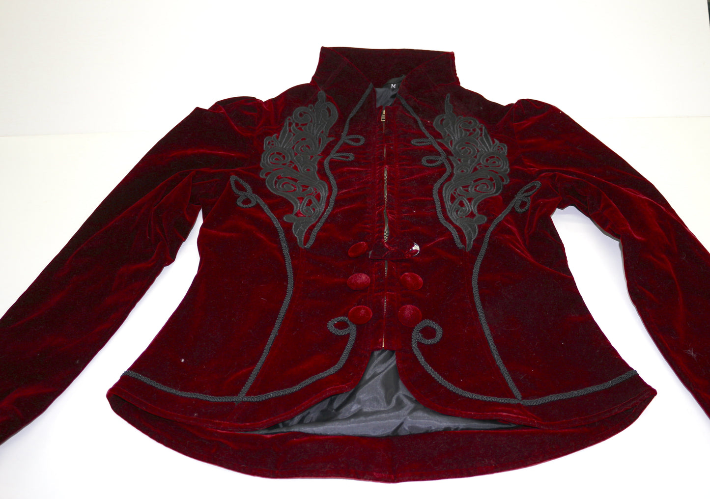 Vintage Red Velvet Jacket with Black Embroidery – Women’s Medium – Romantic Gothic Style