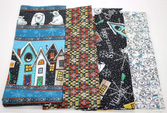 Snow Bears and Houses Cotton Fabric Bundle each piece 18" x 22"