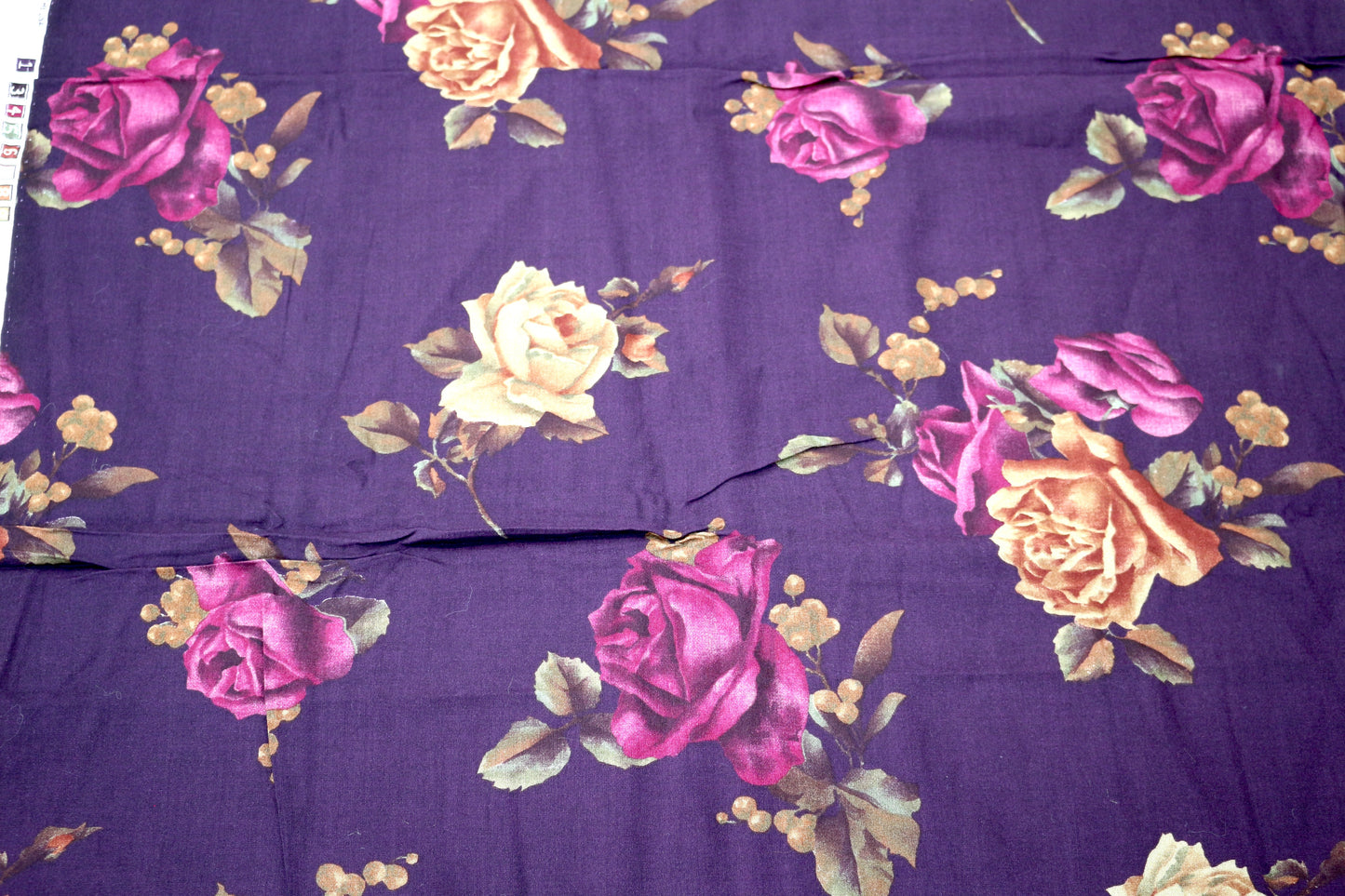 Purple with Bright Roses Cotton Blend - Fabric Remnant - 28" x 2 yds