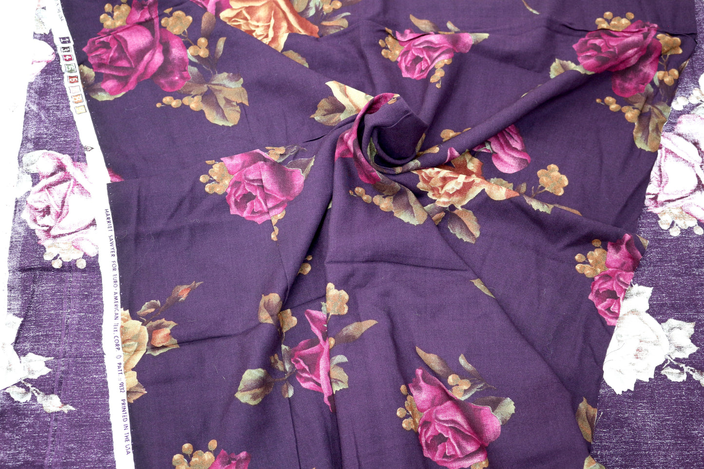 Purple with Bright Roses Cotton Blend - Fabric Remnant - 28" x 2 yds
