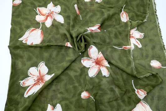 Green with Hibiscus Flowers Rayon Blend Fabric - 54" x 1 yd