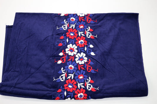 Gorgeous Blue Corduroy with Embroidered Flowers (on one side) 44" x 1.75 yds
