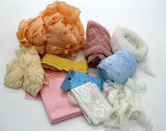 Variety Lace & Mixed Trim Bundle, Junk Journal Scraps, Sewing Scraps, Bright Bundle