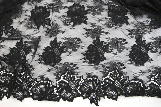 Black Lace Fabric with Embellishment on One Side 54" x 5 yds