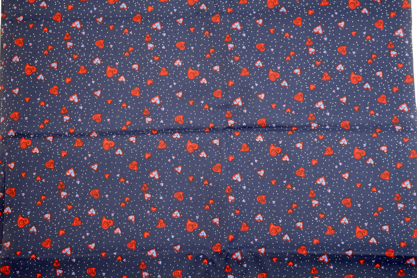 Red Hearts on Blue Cotton Fabric 45" x 3 yds (Sunstain)