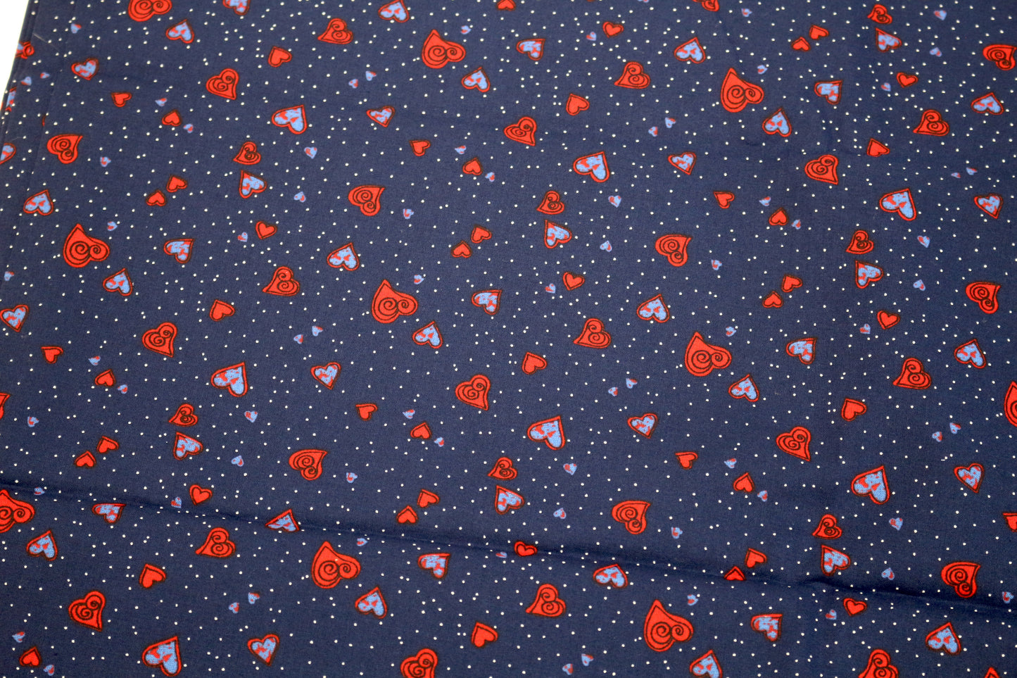 Red Hearts on Blue Cotton Fabric 45" x 3 yds (Sunstain)