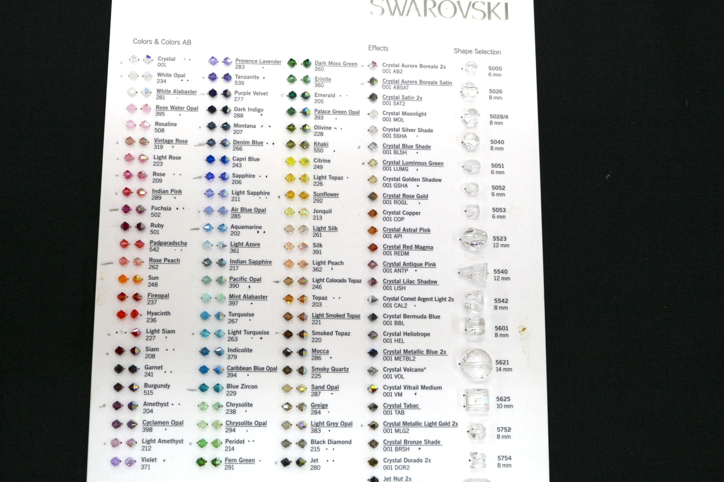 Swarovski Crystal Sample Board