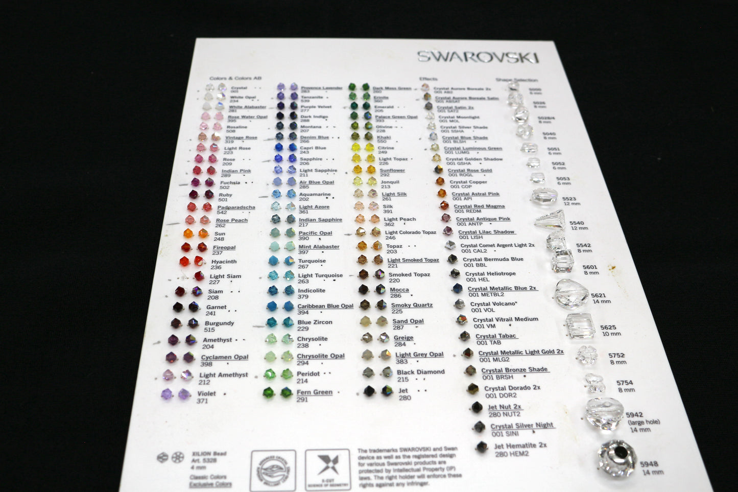 Swarovski Crystal Sample Board