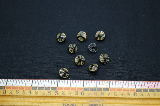 Set of 9 Black Glass Buttons with Gold Detail
