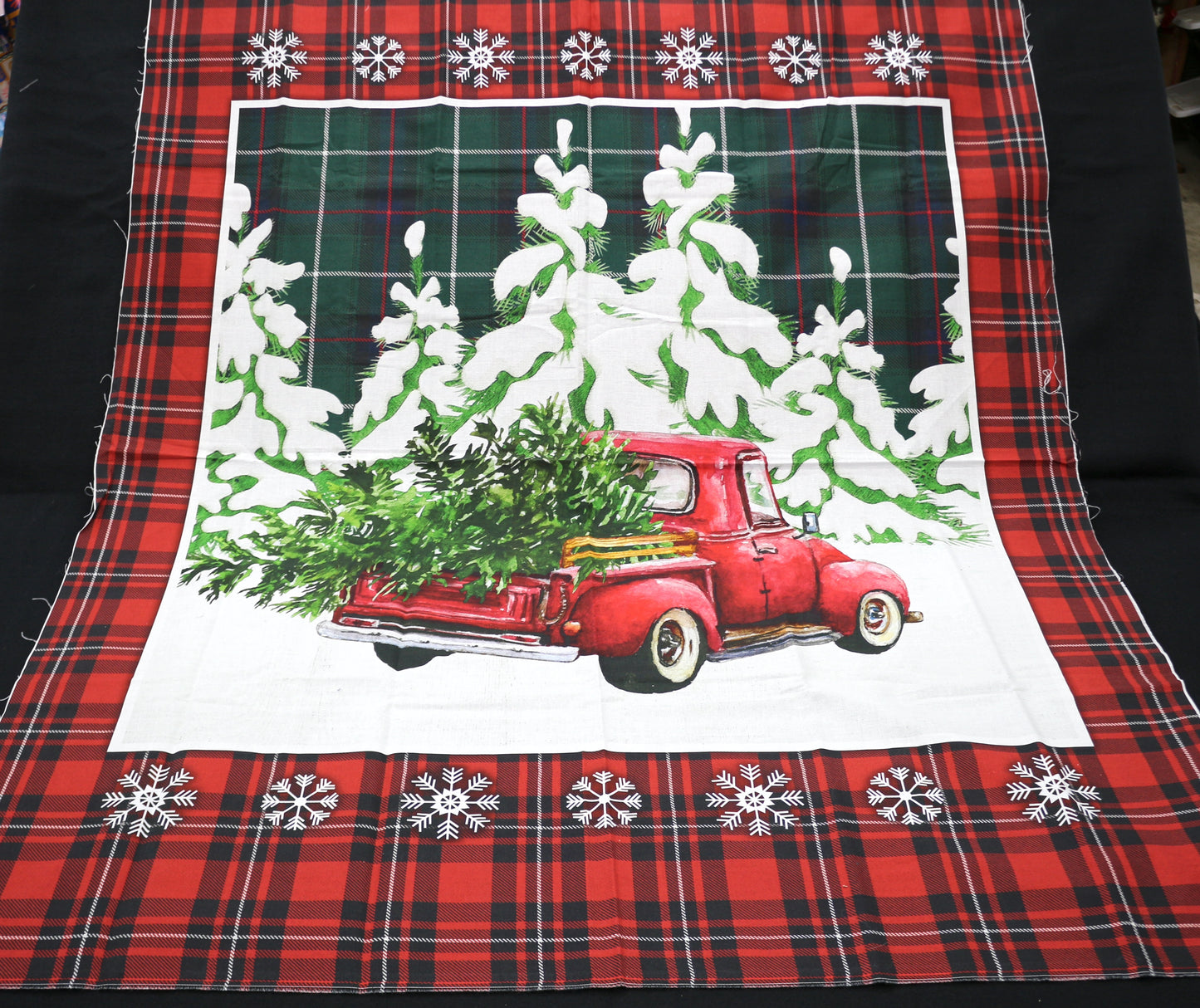 Little Red Truck Hauling Christmas Tree Sewing Panel