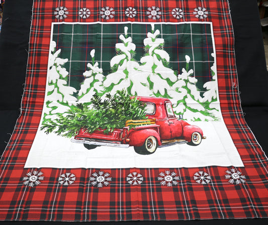Little Red Truck Hauling Christmas Tree Sewing Panel