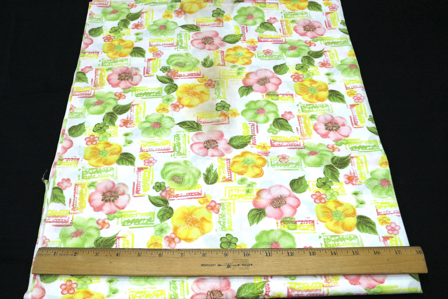 Watercolor Flowers on Cotton Fabric 35" x 3 yds (has stain)