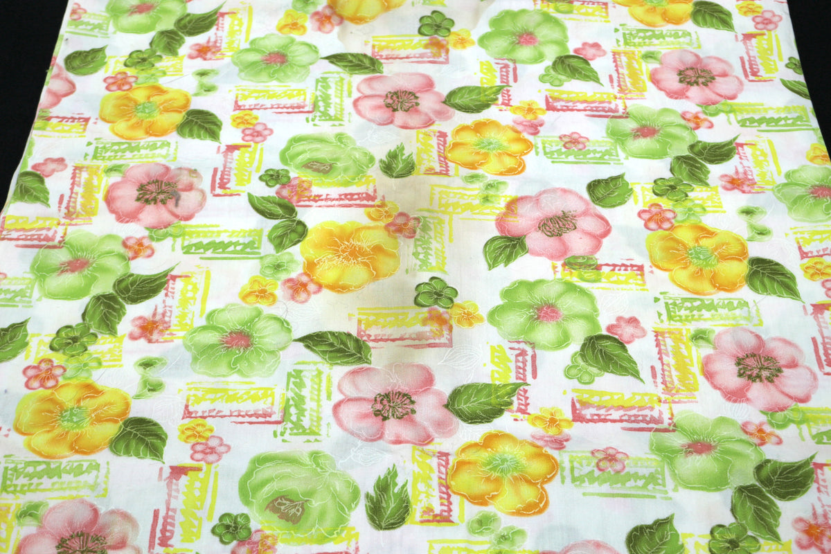 Watercolor Flowers on Cotton Fabric 35" x 3 yds (has stain)