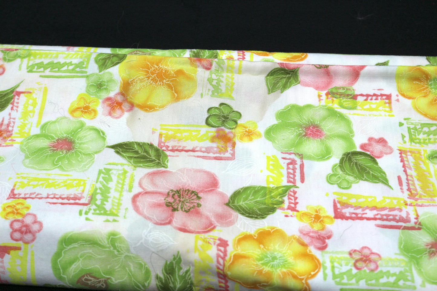 Watercolor Flowers on Cotton Fabric 35" x 3 yds (has stain)