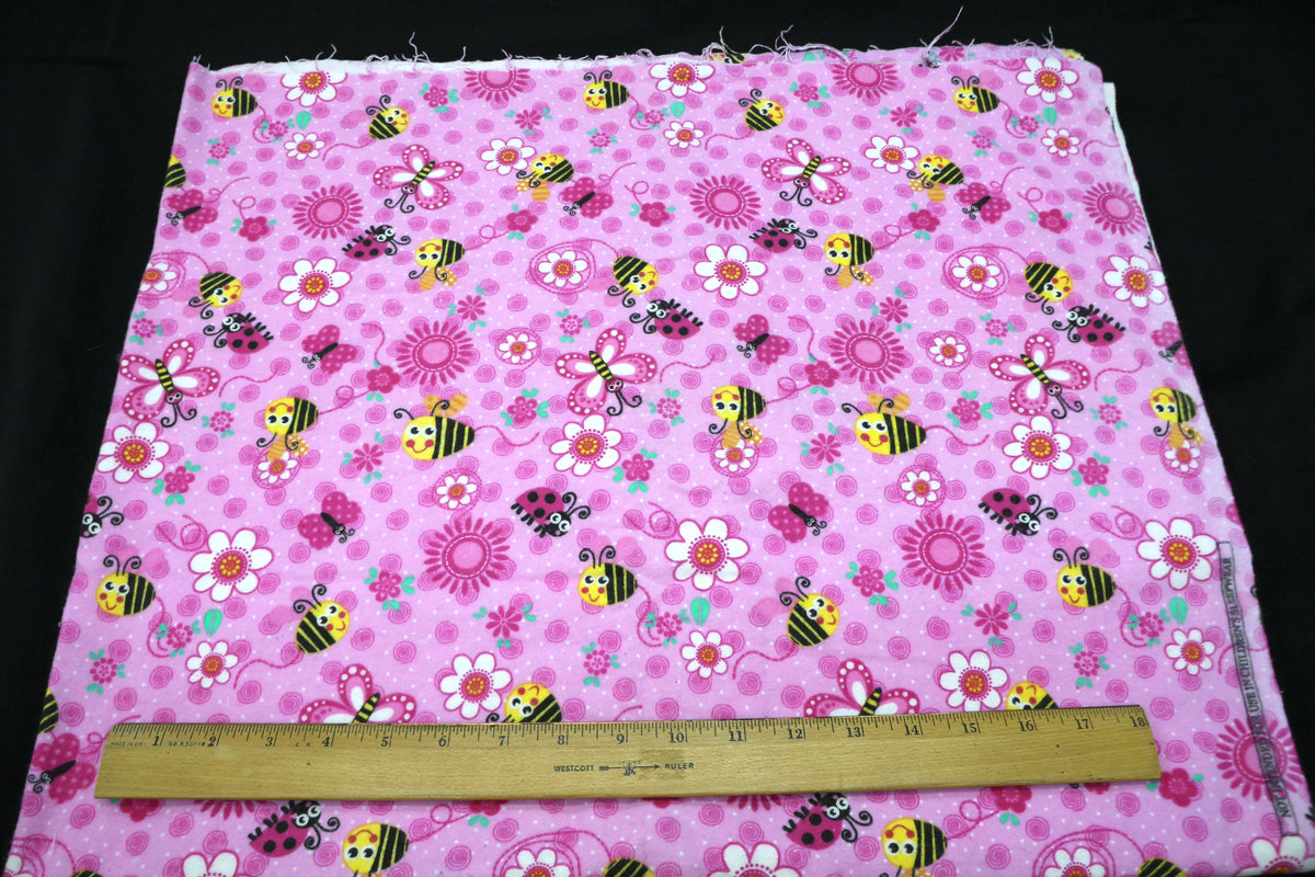 Pink Bees and Ladybugs Flannel Fabric 44" x 2 yds