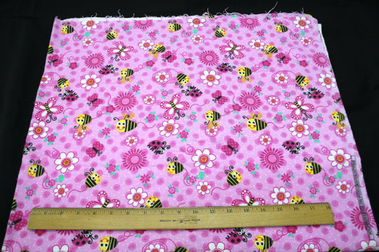 Pink Bees and Ladybugs Flannel Fabric 44" x 2 yds