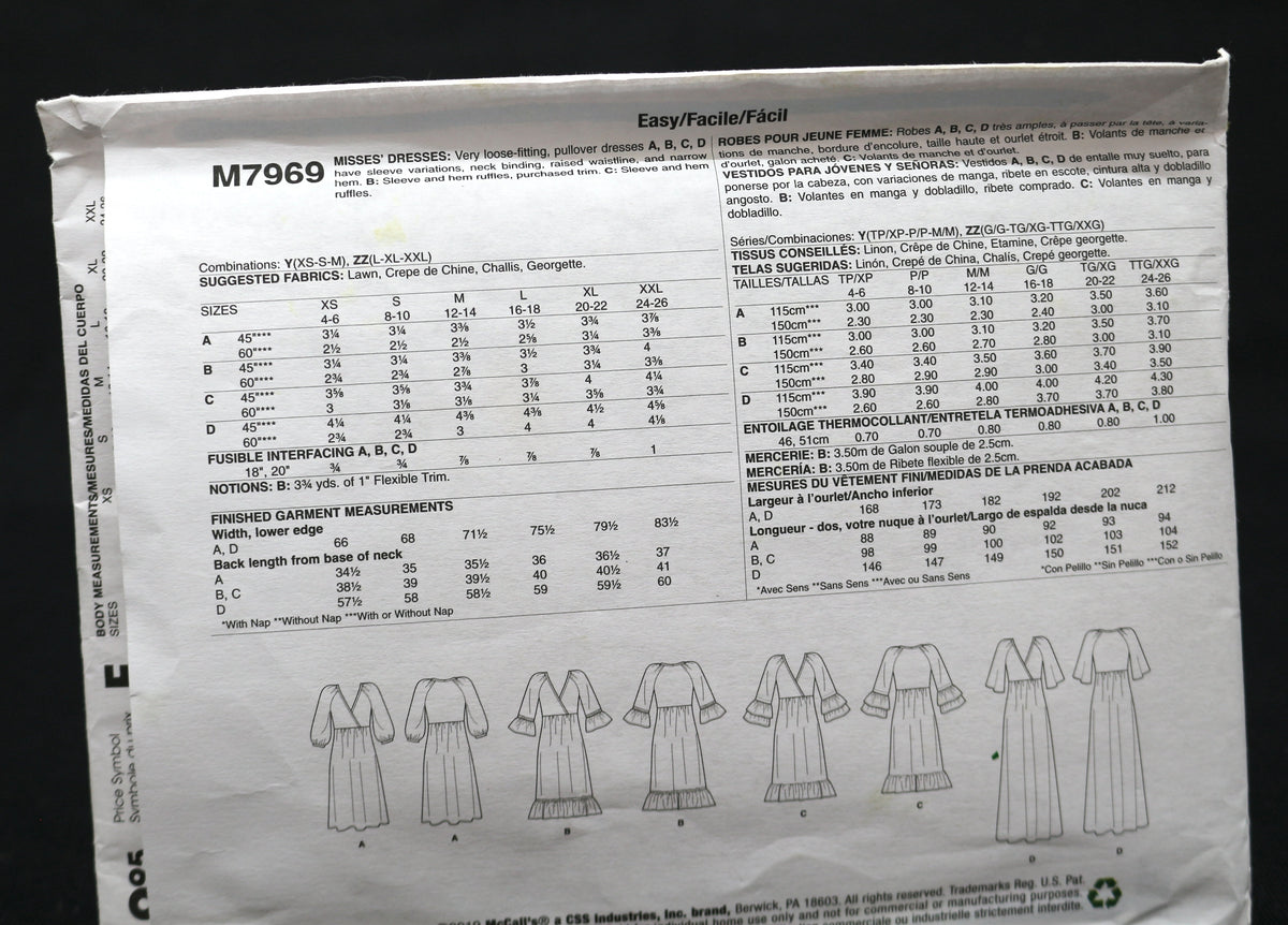 McCalls 7969 Misses' Dress Sewing Pattern size xs-med.