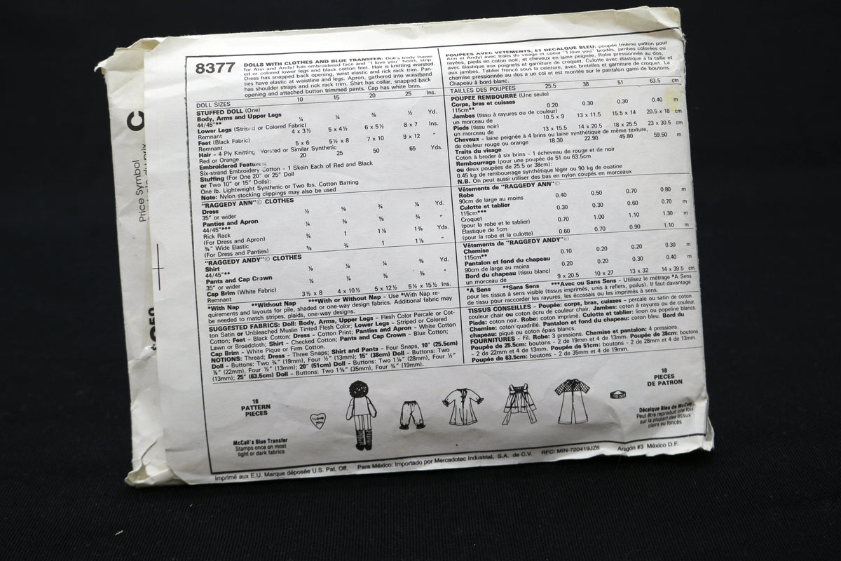 McCalls 8377 Raggedy Andy & Ann Sewing Pattern