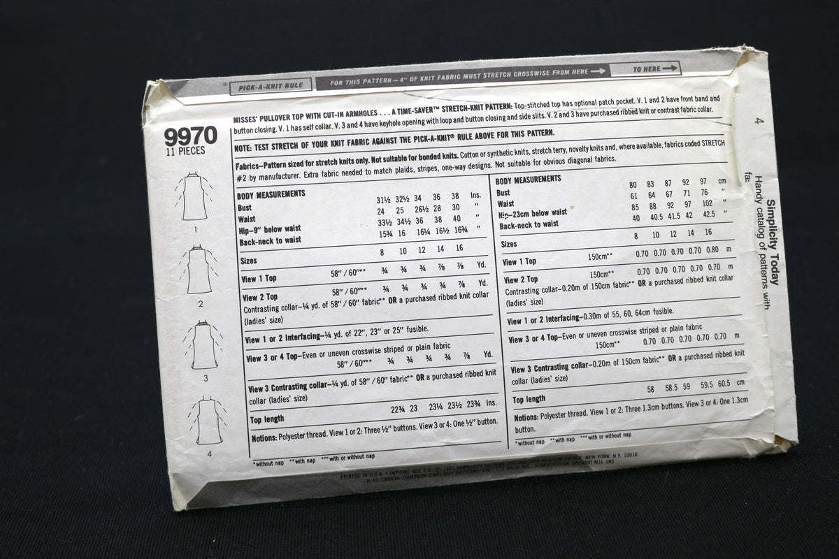 Simplicity 9970 Misses' One Yard Top size 10-14