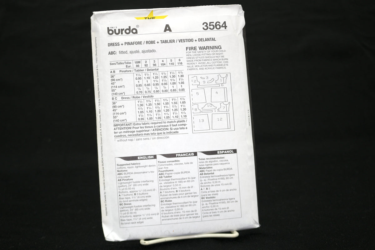 Burda 3564 Childrens Dress, Pinafore, RObe and More Sewing Pattern