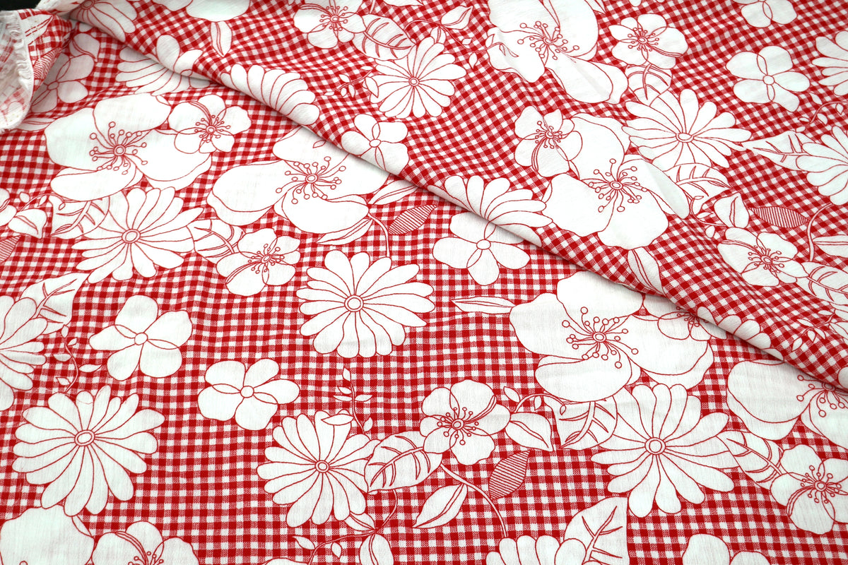 Red and White Flowered Check Cotton Blend Fabric 56" x 4.25 yds
