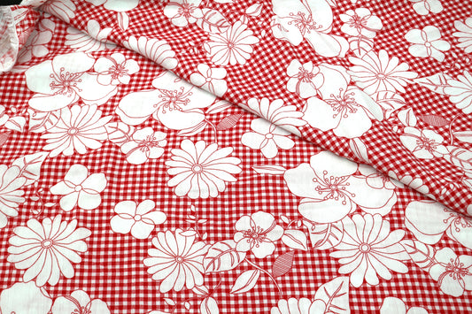 Red and White Flowered Check Cotton Blend Fabric 56" x 4.25 yds