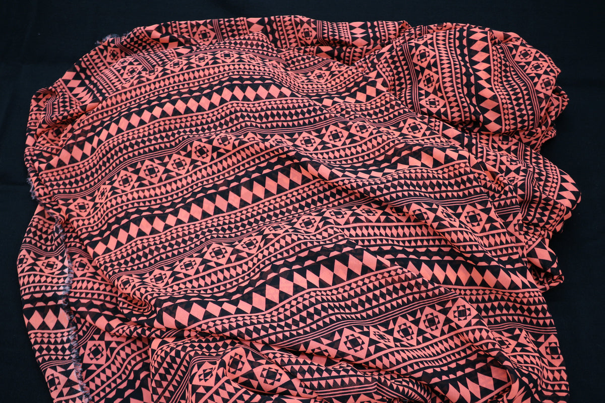 Sheer Neon Orange and Black Aztec Design Fabric 58" x 10+ yds