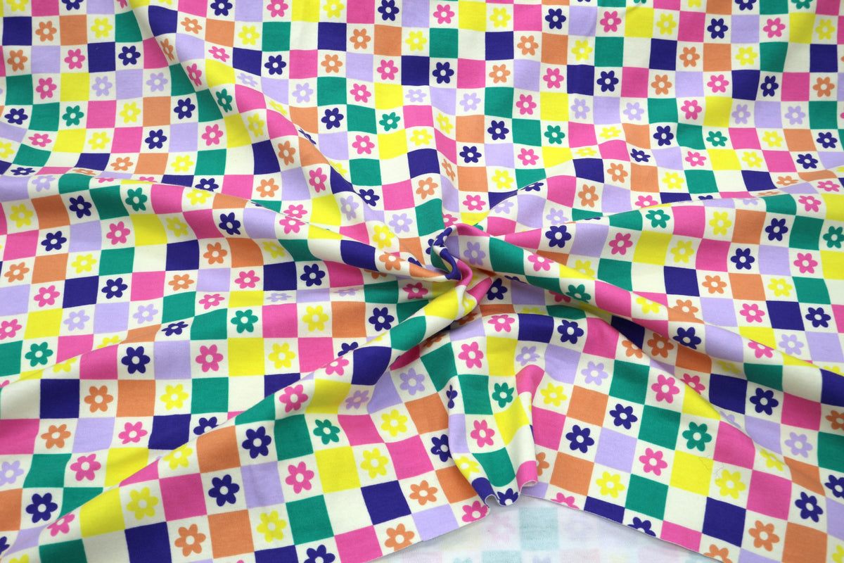 Pop Fabrics Jersey Knit Checked Flowers 4 Way Stretch 60" x 1.5 yds