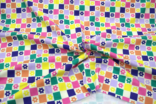 Pop Fabrics Jersey Knit Checked Flowers 4 Way Stretch 60" x 1.5 yds
