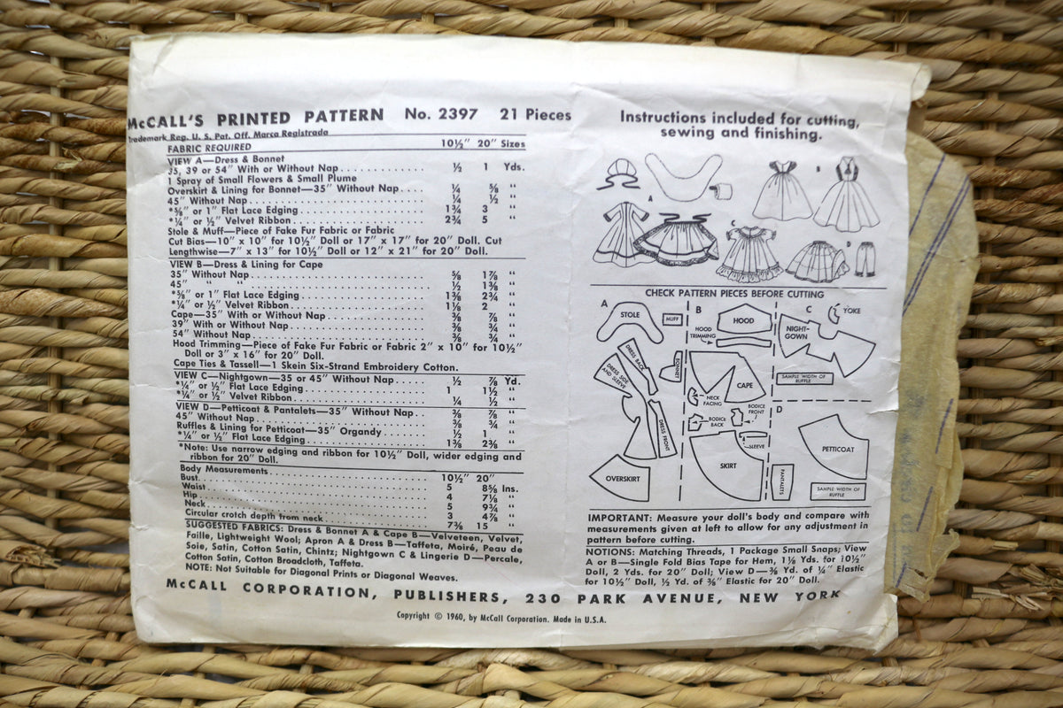 McCalls 2397 High Heel Figure Doll's Centennial Wardrobe Sewing Pattern