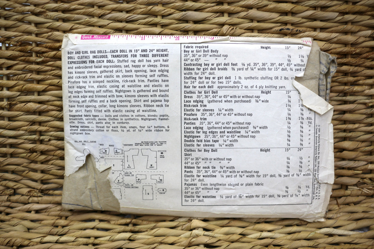 Simplicity 5714 Boy and Girl Rag Doll 15" & 24" Sewing Pattern