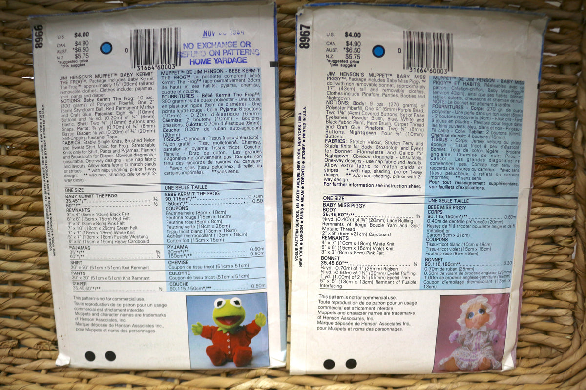 Vogue Muppet Babies Miss Piggy & Kermit Sewing Pattern