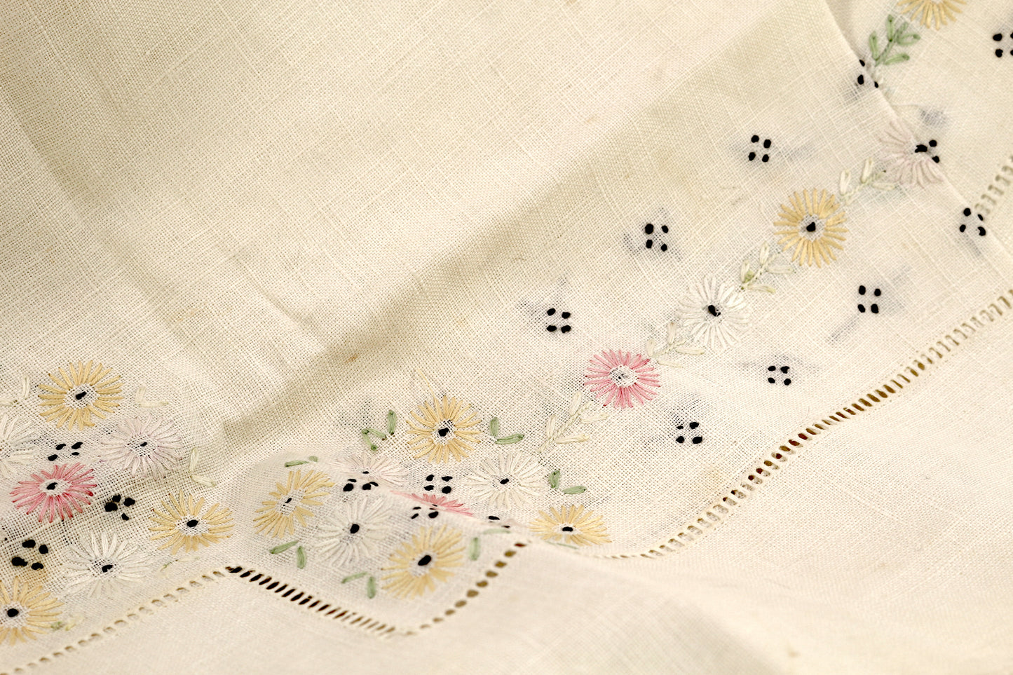 Vintage Linen Tablecloth with Hand Embroidery Measures 30" x 30"