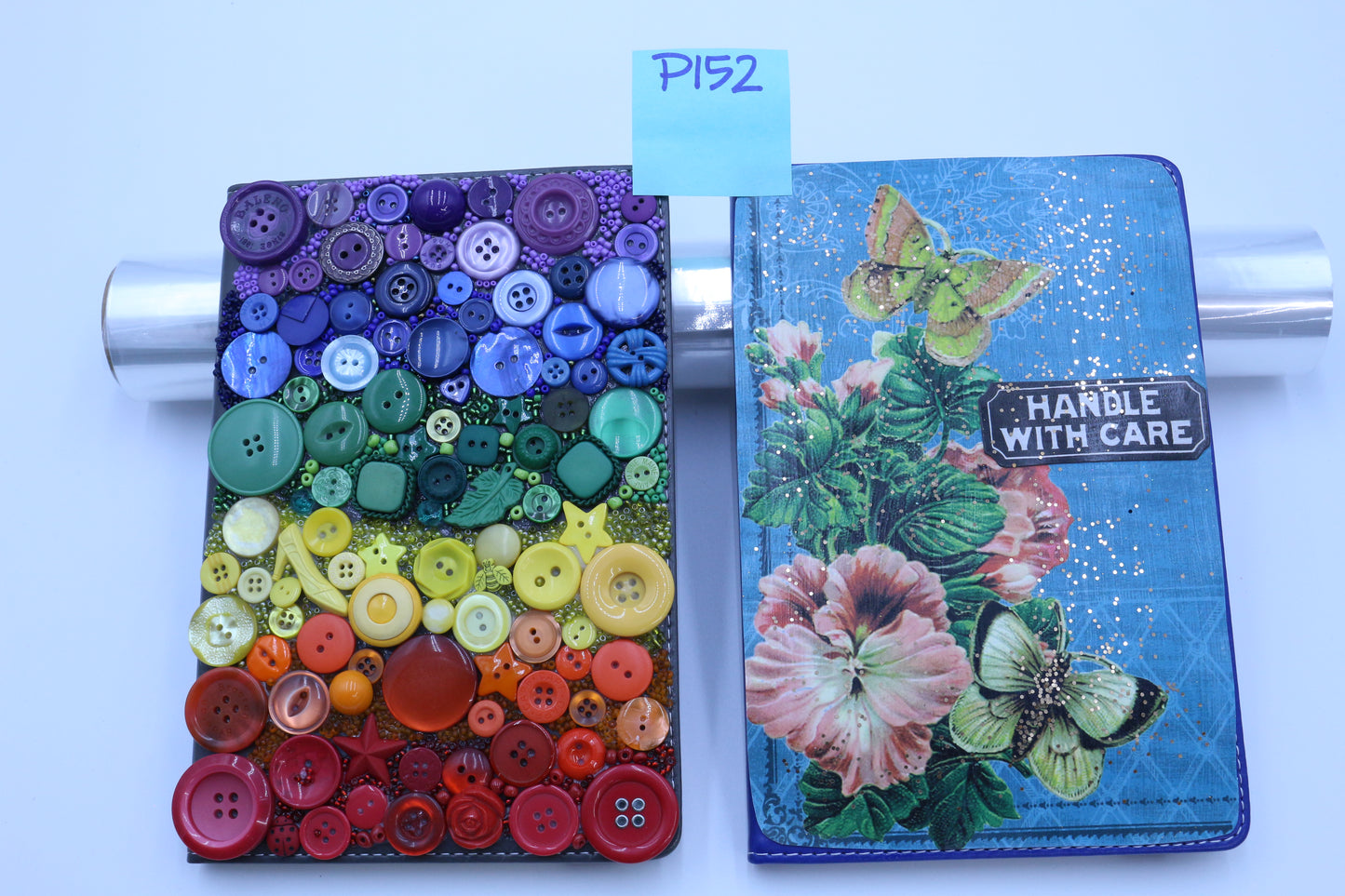 Handmade Cover on a Lined Notebook, Junk Journal, Scrapbook, Button Rainbow or Handle with Care