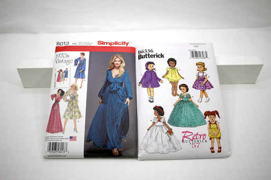 Simplicity 8013 Womens Dress Pattern or Butterick 6336 Retro Doll Dress Sewing Pattern