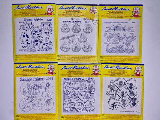 Aunt Martha's Hot Iron Transfers #3893 Hilarious Holsteins, 3944 Sunbonnet Christmas, 3897 Floral Teacups, 3990 Monkey Business, 3899 Baskets, Baskets, Baskets, 9194 Vegetables for the Kitchen