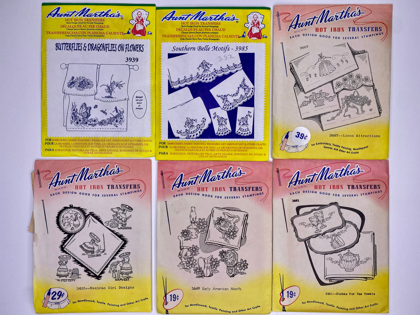 Aunt Martha's Hot Iron Transfers 3939 Butterflies/ Dragonflies, 3635 Mexican Girl, 3985 Southern Belle, 3649 Early American, 3607 Linen Attractions, 3661 Dishes for Towels
