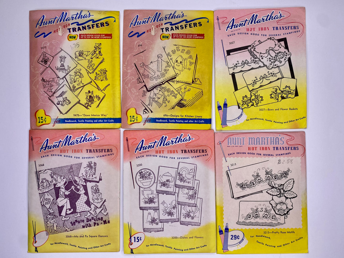 Aunt Martha's Hot Iron Transfers 9475 Down Mexico Way, 3068 Ma and Pa, 696 Designs for Kitchen, 3200 Dishes and Flowers, 3027 Bows and Flowers, 3213 Pretty Rose Motifs