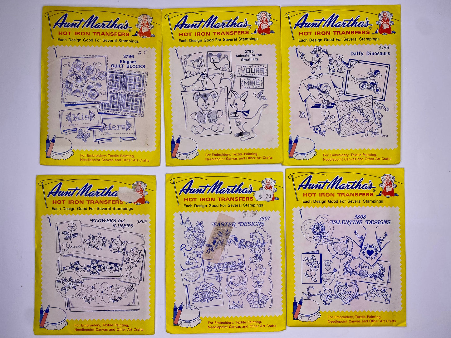 Aunt Martha's Hot Iron Transfers 3796 Elegant Quilt Blocks, 3805 Flowers, 3793 Animals for the Small Fry, 3807 Easter Designs, 3799 Daffy Dinosaurs, 3808 Valentins Designs