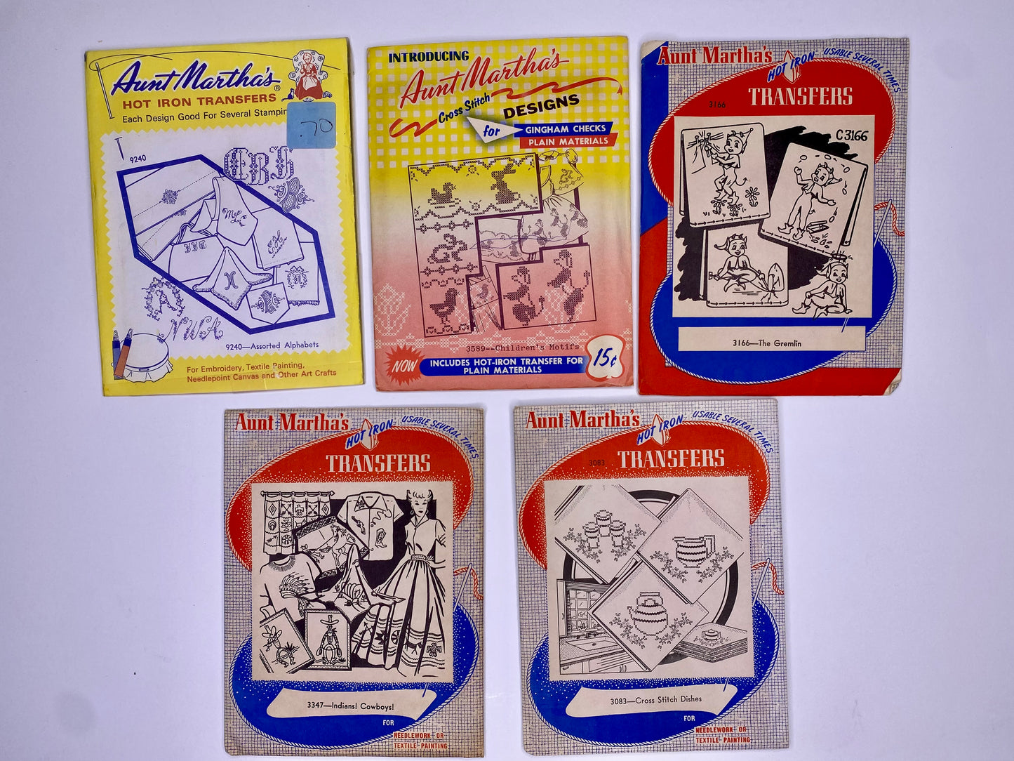Aunt Martha's Hot Iron Transfers 9240 Assorted Alphabets, 3347 Cowboys and Indians, 3589 Childrens motifs, 3166 The Gremlin, 3083 Cross Stitch Dishes