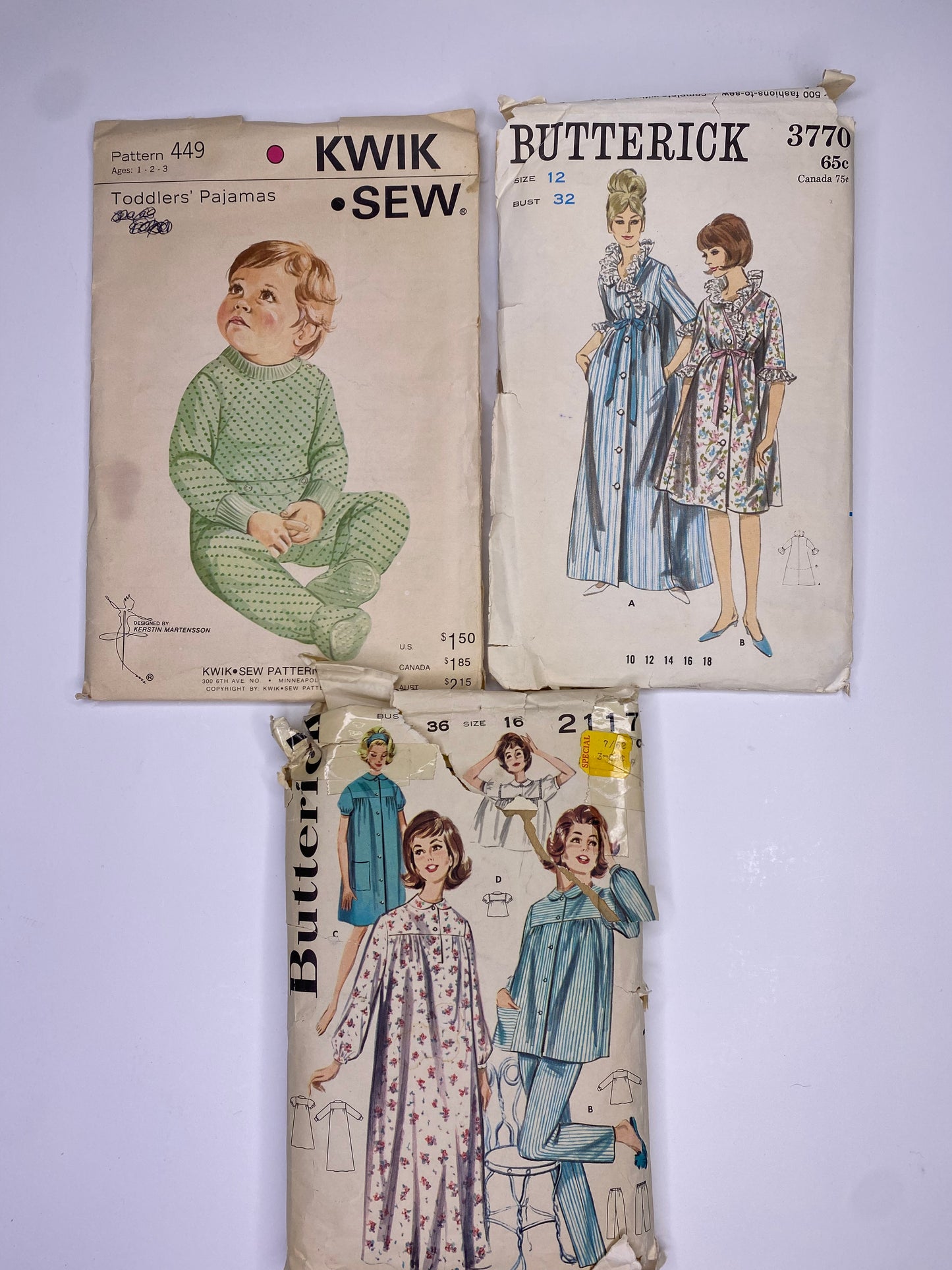 Kwik Sew 449 Baby Footie Pajamas, Vintage Butterick 3770 Women's Housecoat Sewing Pattern, Butterick 2117 Women's Pajama Sewing Pattern PK061